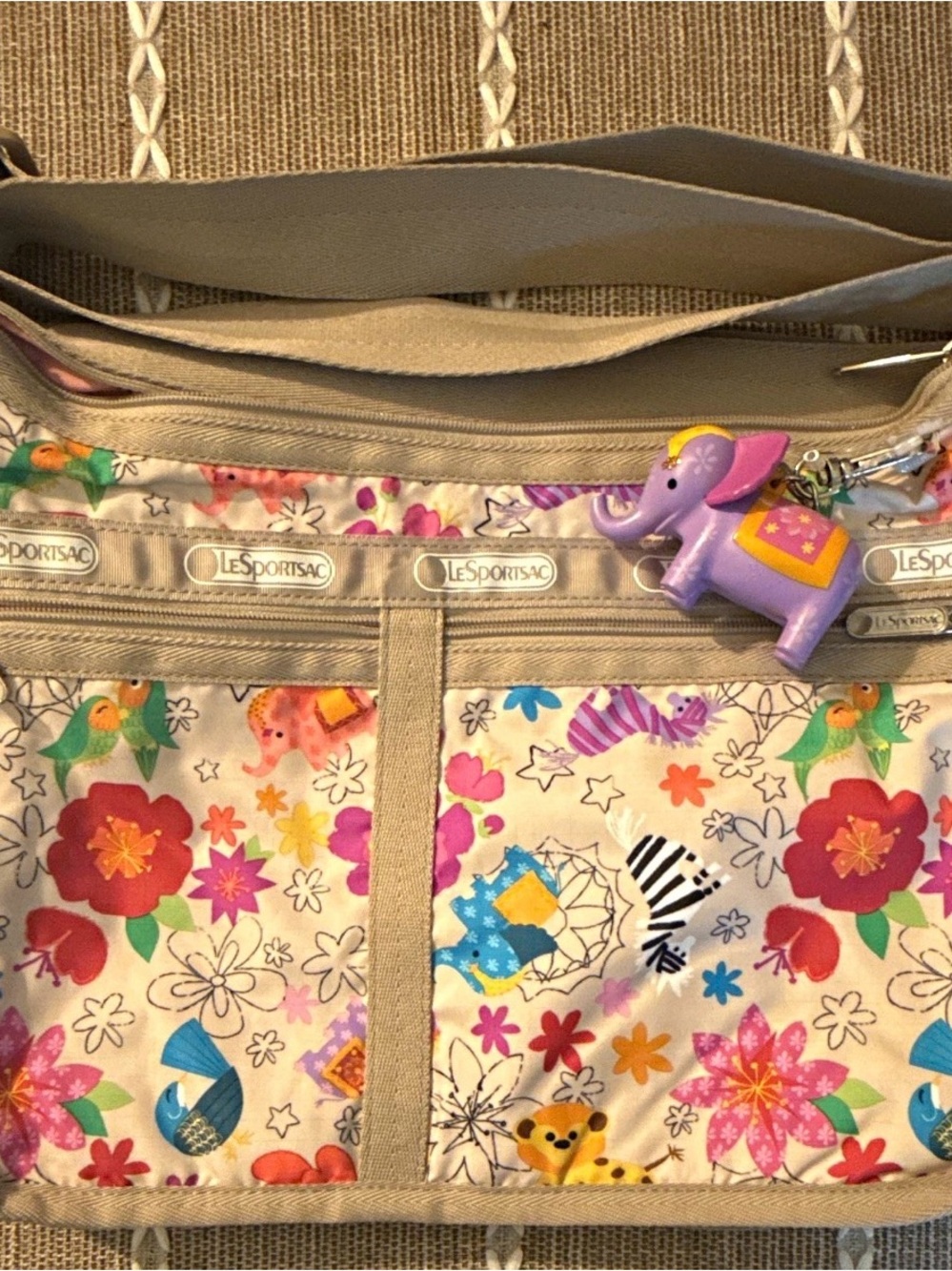 LeSportsac Beige Floral & Animal Print Crossbody with Purple Elephant Charm
